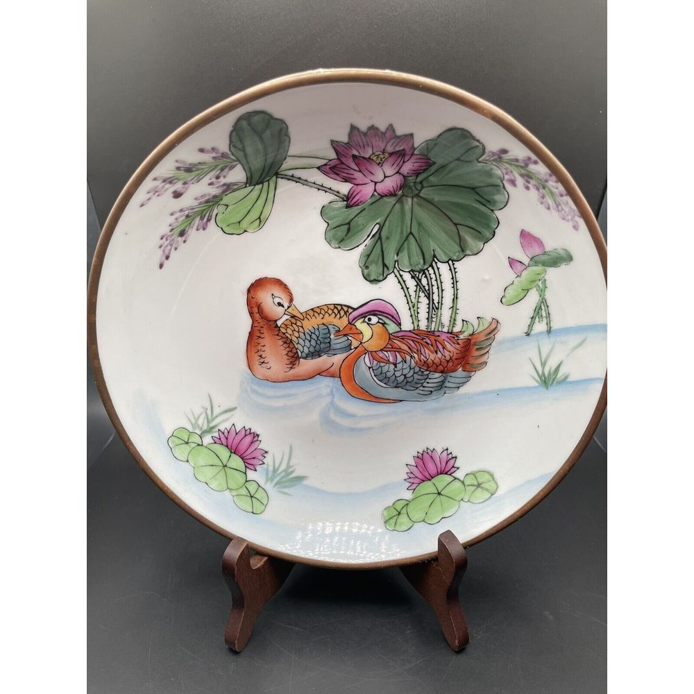 Asian Hand Painted Porcelain Brass Encased Bowl Dish DUCKS Lily POND 9"‎